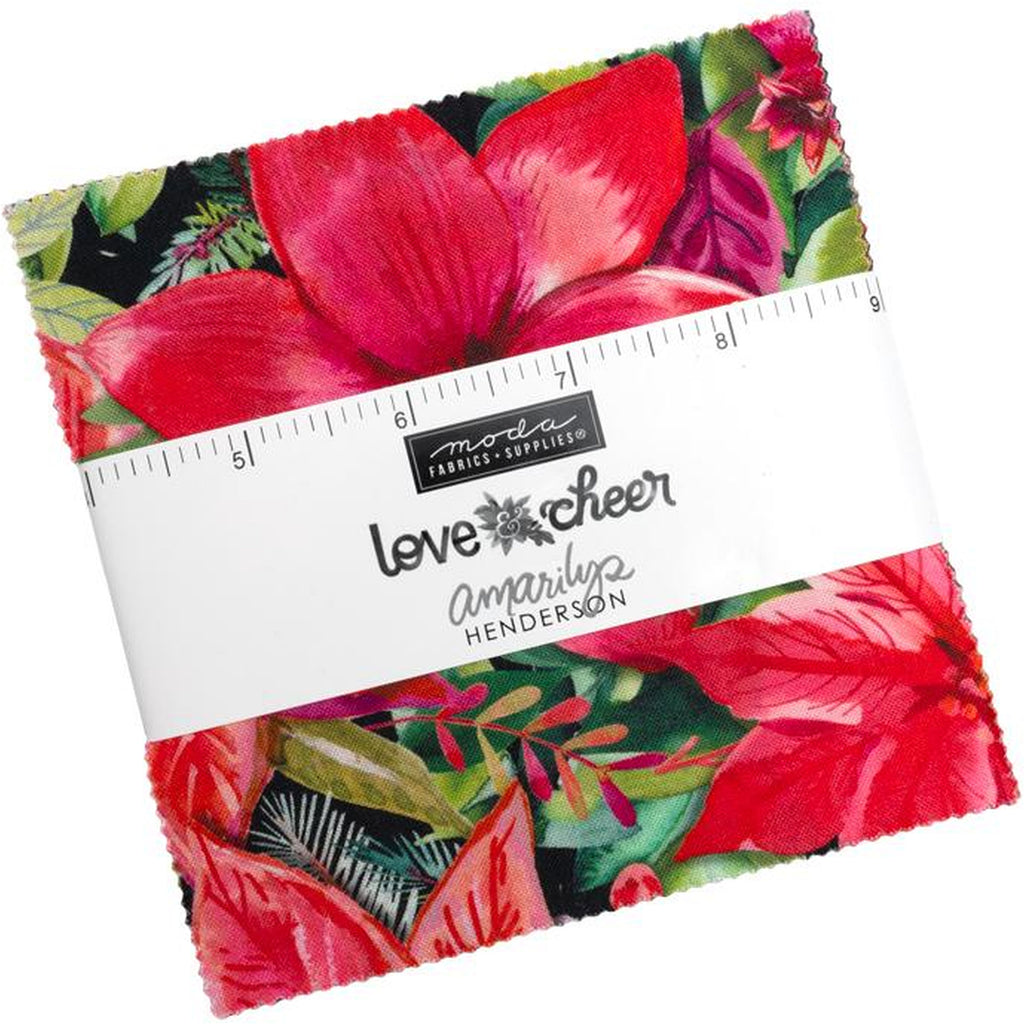 Charm bundle contains forty-two 5-inch 100% cotton precut fabric squares from the Love & Cheer collection by Amarilys Henderson (42 squares in the Charm Pack). 