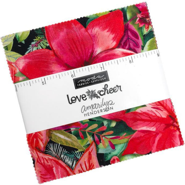 Charm bundle contains forty-two 5-inch 100% cotton precut fabric squares from the Love & Cheer collection by Amarilys Henderson (42 squares in the Charm Pack). 