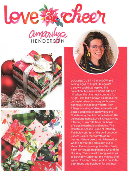 Charm bundle contains forty-two 5-inch 100% cotton assorted precut fabric squares from the Love & Cheer collection by Amarilys Henderson (42 squares in the Charm Pack). 