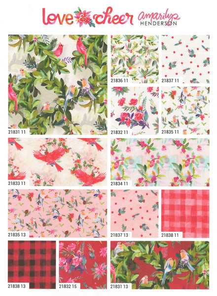 Charm bundle contains forty-two 5-inch 100% cotton assorted precut fabric squares from the Love & Cheer collection by Amarilys Henderson (42 squares in the Charm Pack). 