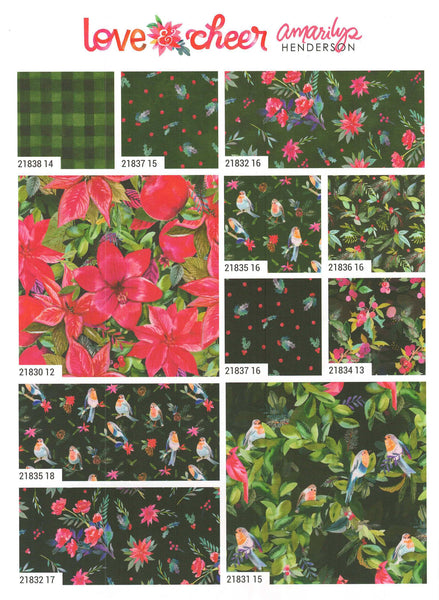 Charm bundle contains forty-two 5-inch 100% cotton assorted precut fabric squares from the Love & Cheer collection by Amarilys Henderson (42 squares in the Charm Pack). 