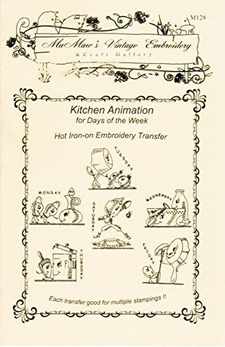 Animated Kitchen for Days of the Week Tea Towels Hot Iron Embroidery Transfers
