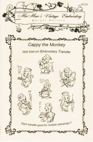 Cappy the Bellhop Monkey for Tea Towels Hot Iron Embroidery Transfers