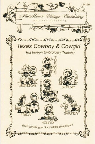 Texas Cowboy & Cowgirl for Tea Towels Hot Iron Embroidery Transfers