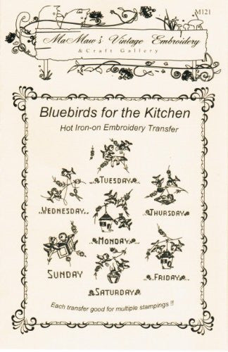 Bluebirds for the Kitchen Days-of-the-Week Hot Iron Embroidery Transfers